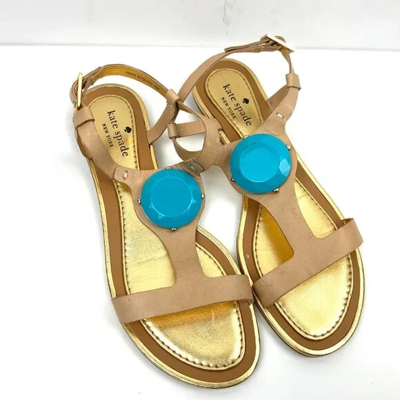 Kate Spade New York T-Strap Flat Sandals Blue Stone Embellishment Sz 8M - Picture 2 of 16